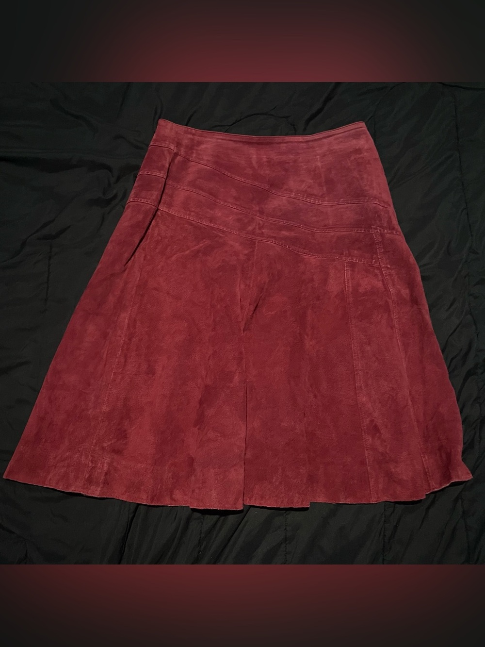Red Suede Leather Midi Skirt